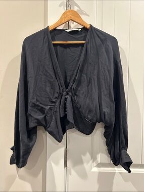 Zara Black Draped Button-Front Blouse